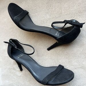 Stuart Weitzman Black Goose Bump Leather‎ Nudist Strappy Heeled Sandals 8.5 M